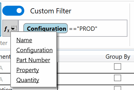 Specifying custom filter for the BOM template