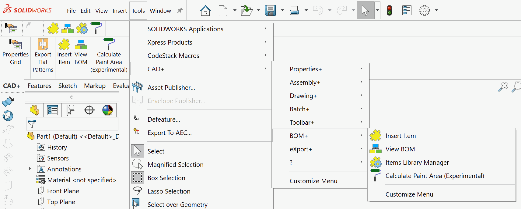 CAD+ commands in menu, toolbar and command tab box