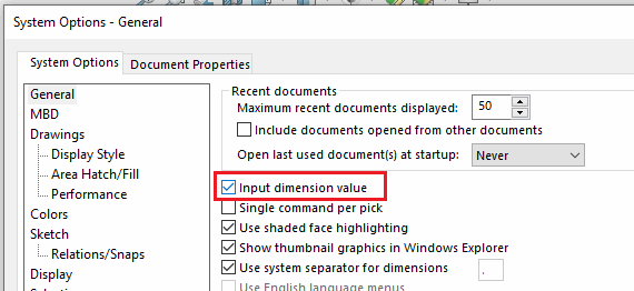 Input dimension value settings in SOLIDWORKS
