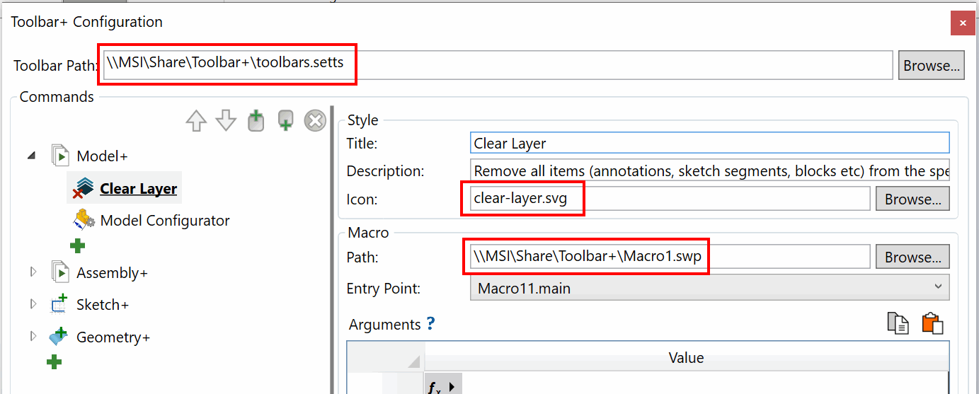 Macro buttons referencing shared library files